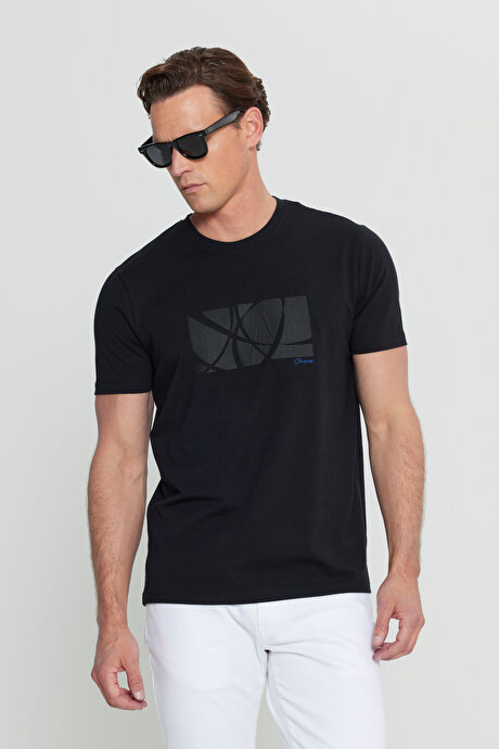Pamuklu Slim Fit Dar Kesim Bisiklet Yaka Baskılı Esnek Siyah Tişört resmi