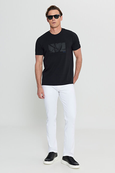 Pamuklu Slim Fit Dar Kesim Bisiklet Yaka Baskılı Esnek Siyah Tişört resmi