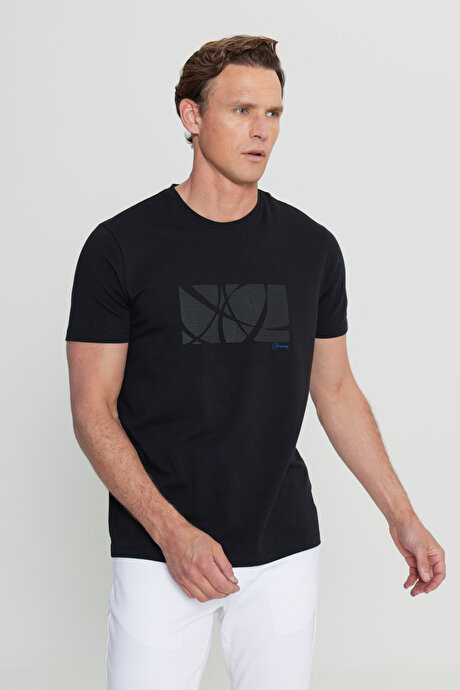 Pamuklu Slim Fit Dar Kesim Bisiklet Yaka Baskılı Esnek Siyah Tişört resmi