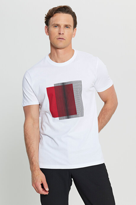 Pamuklu Slim Fit Dar Kesim Bisiklet Yaka Baskılı Esnek Beyaz Tişört resmi