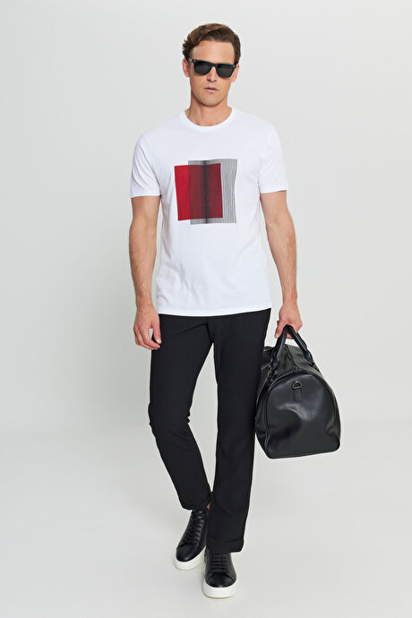 Pamuklu Slim Fit Dar Kesim Bisiklet Yaka Baskılı Esnek Beyaz Tişört resmi