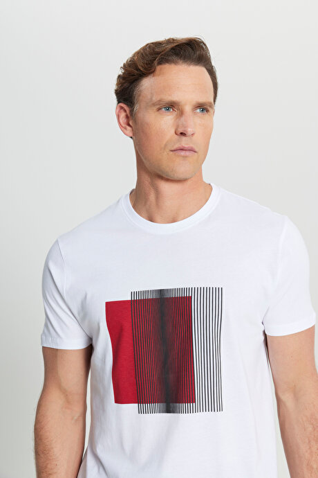 Pamuklu Slim Fit Dar Kesim Bisiklet Yaka Baskılı Esnek Beyaz Tişört resmi