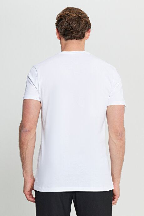 Pamuklu Slim Fit Dar Kesim Bisiklet Yaka Baskılı Esnek Beyaz Tişört resmi