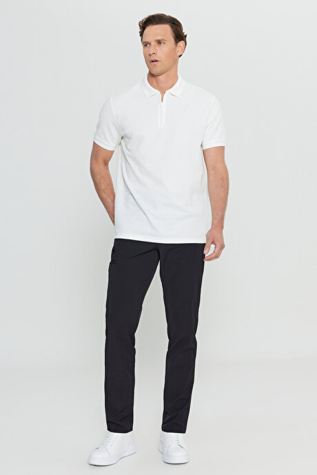 Pamuklu Slim Fit Dar Kesim Polo Yaka Jakarlı Esnek Ekru Tişört resmi