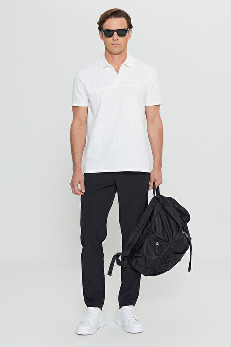Pamuklu Slim Fit Dar Kesim Polo Yaka Jakarlı Esnek Ekru Tişört resmi