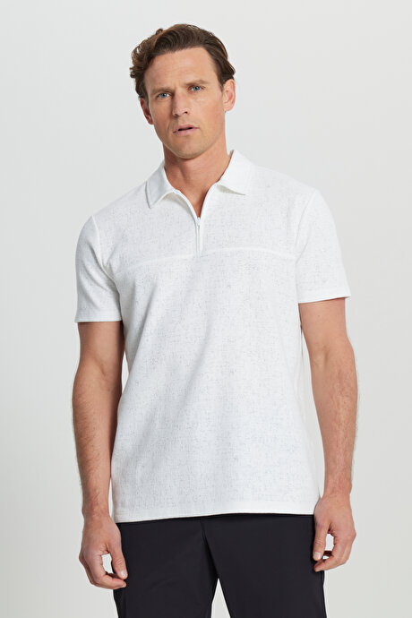 Pamuklu Slim Fit Dar Kesim Polo Yaka Jakarlı Esnek Ekru Tişört resmi