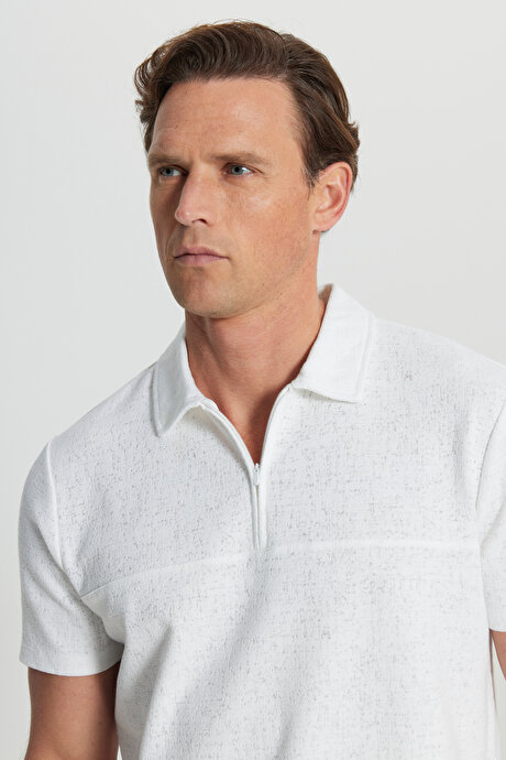 Pamuklu Slim Fit Dar Kesim Polo Yaka Jakarlı Esnek Ekru Tişört resmi