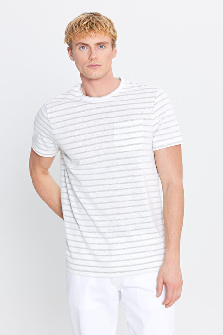 Pamuklu Slim Fit Dar Kesim Çizgili Cepli Bisiklet Yaka Ekru-Haki Tişört resmi