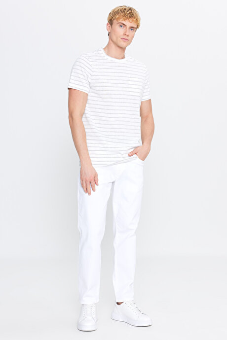 Pamuklu Slim Fit Dar Kesim Çizgili Cepli Bisiklet Yaka Ekru-Haki Tişört resmi