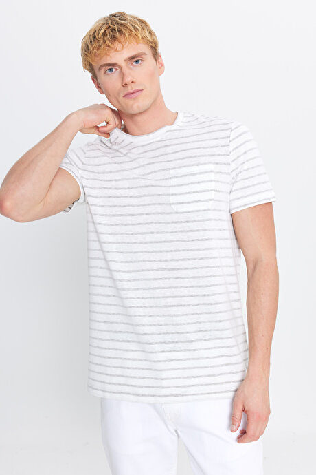 Pamuklu Slim Fit Dar Kesim Çizgili Cepli Bisiklet Yaka Ekru-Haki Tişört resmi