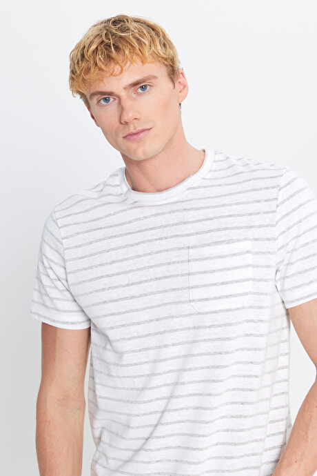 Pamuklu Slim Fit Dar Kesim Çizgili Cepli Bisiklet Yaka Ekru-Haki Tişört resmi