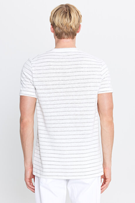 Pamuklu Slim Fit Dar Kesim Çizgili Cepli Bisiklet Yaka Ekru-Haki Tişört resmi