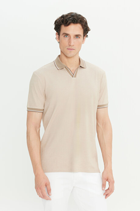 Pamuklu Slim Fit Dar Kesim Polo Yaka Bej Tişört resmi