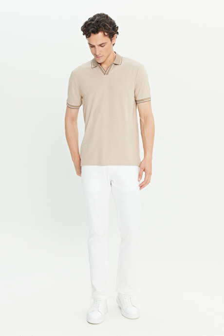 Pamuklu Slim Fit Dar Kesim Polo Yaka Bej Tişört resmi