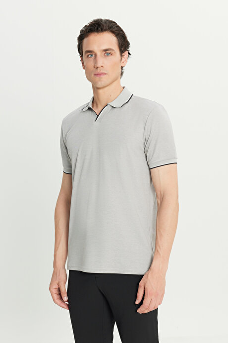 Pamuklu Slim Fit Dar Kesim Polo Yaka Gri Tişört resmi