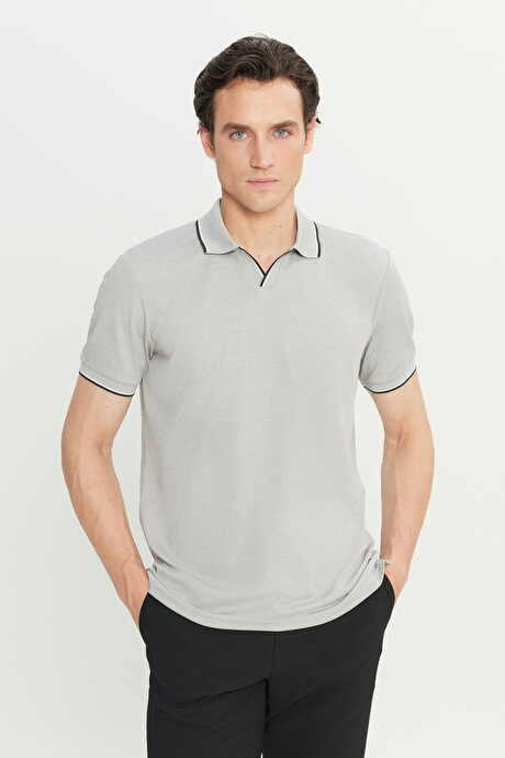 Pamuklu Slim Fit Dar Kesim Polo Yaka Gri Tişört resmi