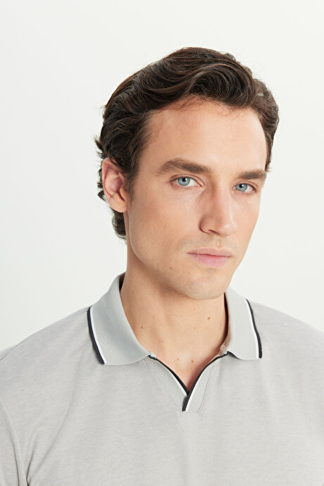 Pamuklu Slim Fit Dar Kesim Polo Yaka Gri Tişört resmi