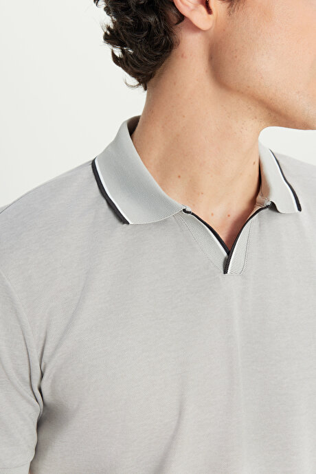 Pamuklu Slim Fit Dar Kesim Polo Yaka Gri Tişört resmi