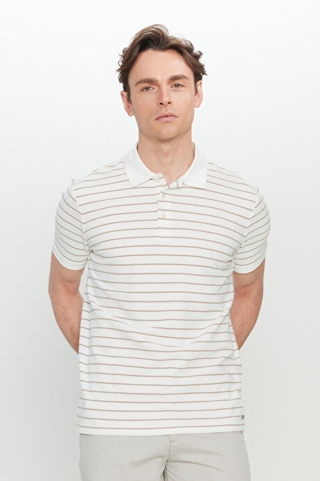 Pamuklu Slim Fit Dar Kesim Polo Yaka Beyaz-Vizon Tişört resmi