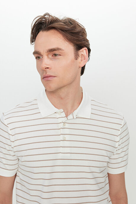 Pamuklu Slim Fit Dar Kesim Polo Yaka Beyaz-Vizon Tişört resmi