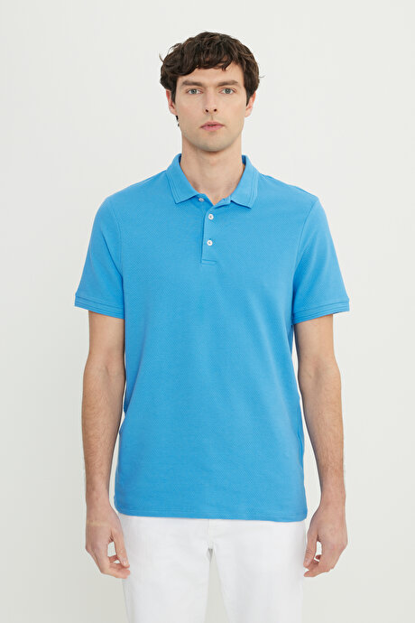 Pamuklu Slim Fit Dar Kesim Polo Yaka Jakarlı Esnek Koyu Mavi Tişört resmi