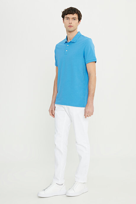Pamuklu Slim Fit Dar Kesim Polo Yaka Jakarlı Esnek Koyu Mavi Tişört resmi