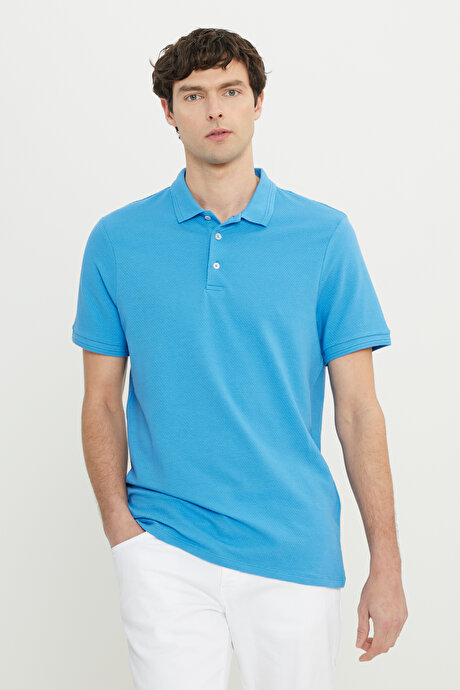 Pamuklu Slim Fit Dar Kesim Polo Yaka Jakarlı Esnek Koyu Mavi Tişört resmi