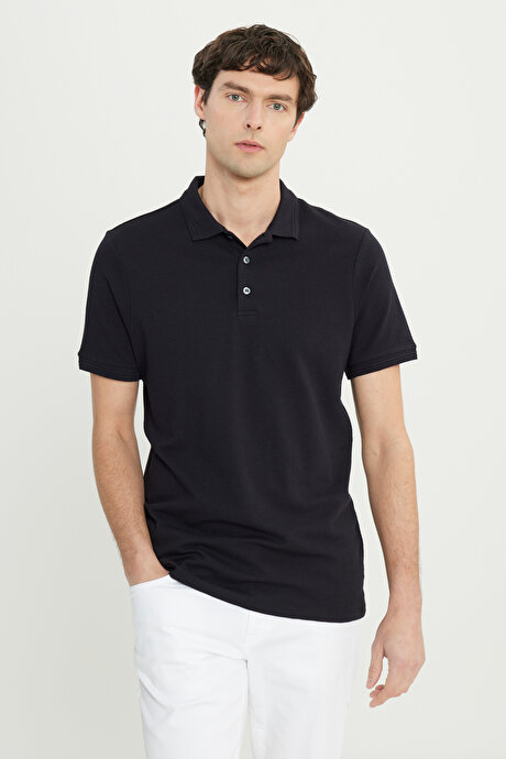 Pamuklu Slim Fit Dar Kesim Polo Yaka Jakarlı Esnek Siyah Tişört resmi