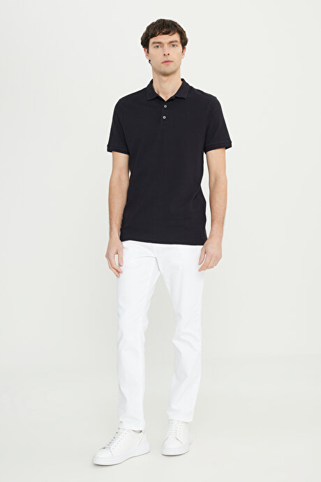 Pamuklu Slim Fit Dar Kesim Polo Yaka Jakarlı Esnek Siyah Tişört resmi