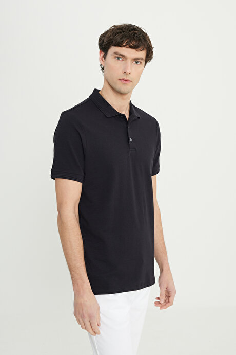 Pamuklu Slim Fit Dar Kesim Polo Yaka Jakarlı Esnek Siyah Tişört resmi