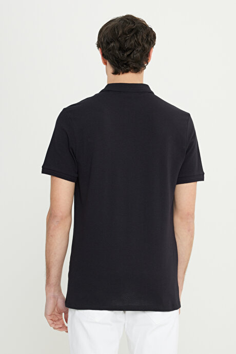 Pamuklu Slim Fit Dar Kesim Polo Yaka Jakarlı Esnek Siyah Tişört resmi