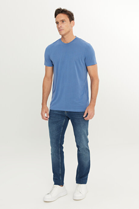 Yumuşak Dokulu Slim Fit Dar Kesim Bisiklet Yaka İndigo Tişört resmi