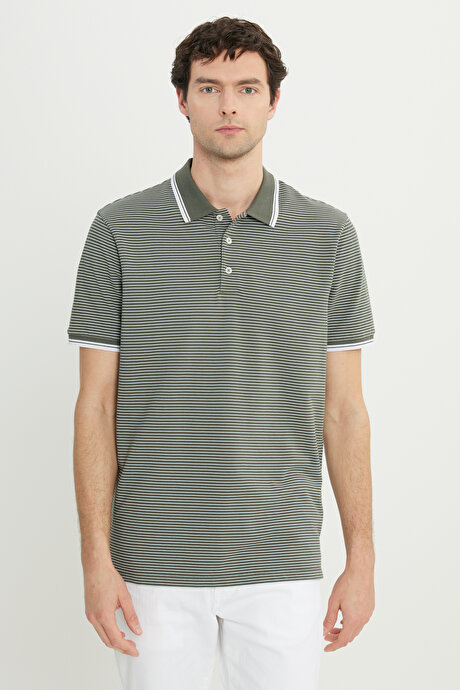 Pamuklu Slim Fit Dar Kesim Polo Yaka Çizgili Haki Tişört resmi