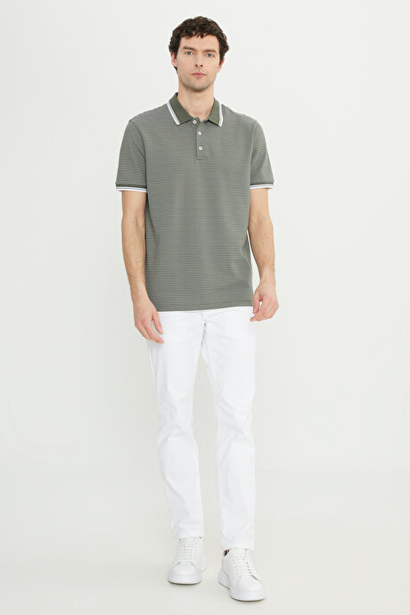 Pamuklu Slim Fit Dar Kesim Polo Yaka Çizgili Haki Tişört resmi