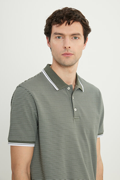 Pamuklu Slim Fit Dar Kesim Polo Yaka Çizgili Haki Tişört resmi