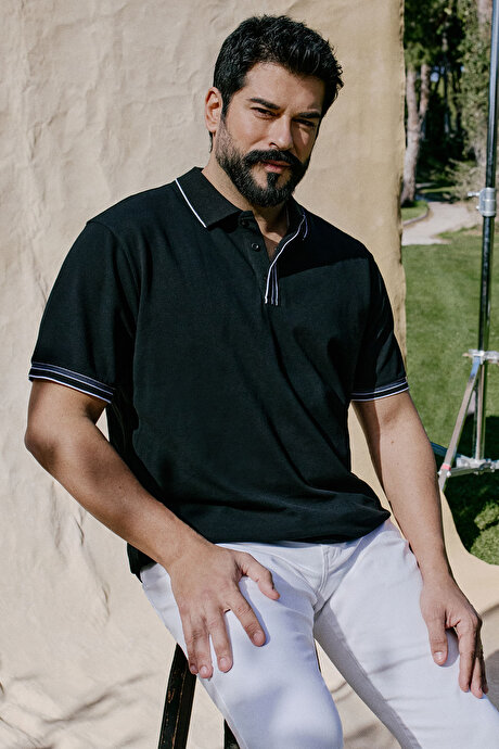 %100 Pamuk Slim Fit Dar Kesim Polo Yaka Siyah Tişört resmi