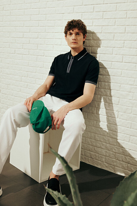 %100 Pamuk Slim Fit Dar Kesim Polo Yaka Siyah Tişört resmi