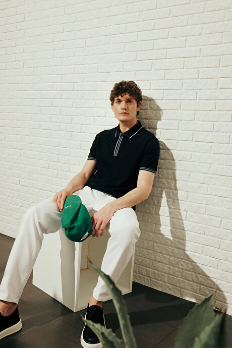 %100 Pamuk Slim Fit Dar Kesim Polo Yaka Siyah Tişört resmi