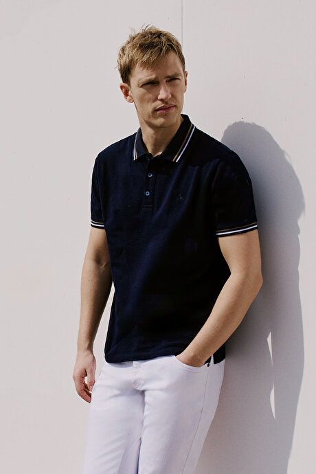 %100 Pamuk Comfort Fit Rahat Kesim Polo Yaka Lacivert Tişört resmi