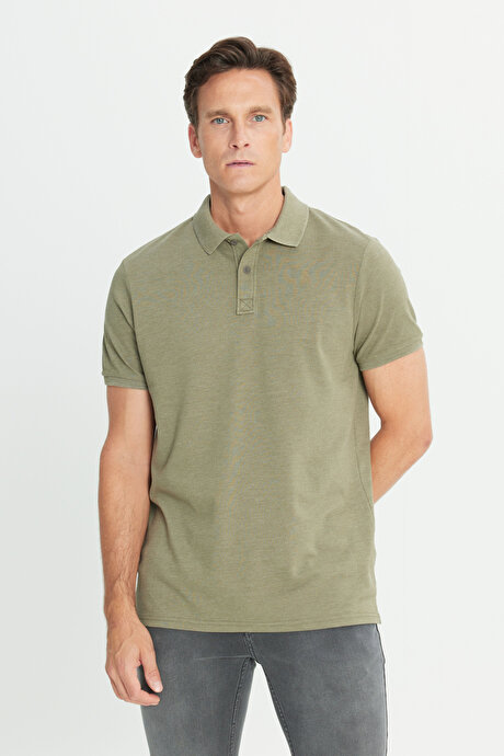 Pamuklu Slim Fit Dar Kesim Polo Yaka Haki Tişört resmi