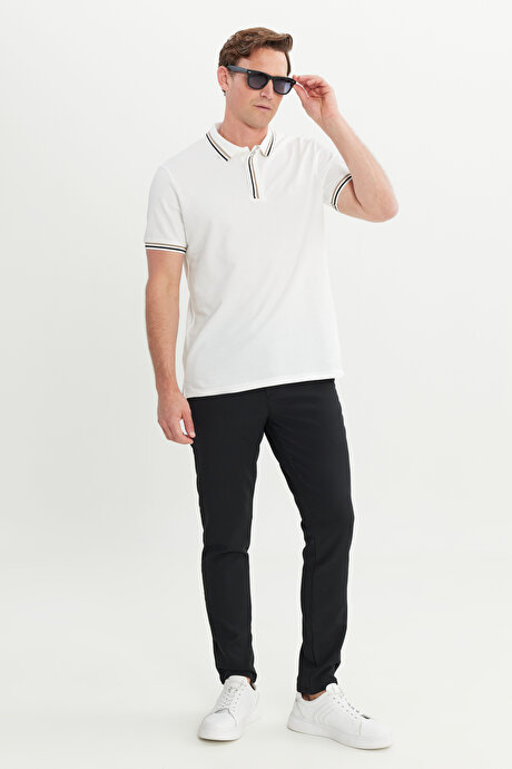 %100 Pamuk Slim Fit Dar Kesim Polo Yaka Beyaz Tişört resmi