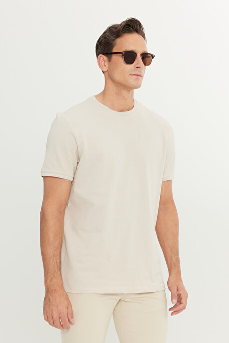 %100 Pamuk Slim Fit Dar Kesim Bisiklet Yaka Bej Tişört resmi