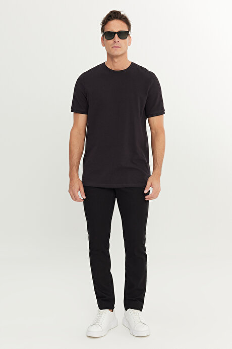 %100 Pamuk Slim Fit Dar Kesim Bisiklet Yaka Siyah Tişört resmi