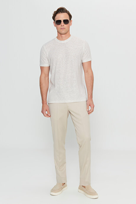 Pamuklu Slim Fit Dar Kesim Bisiklet Yaka Çizgili Beyaz-Bej Tişört resmi