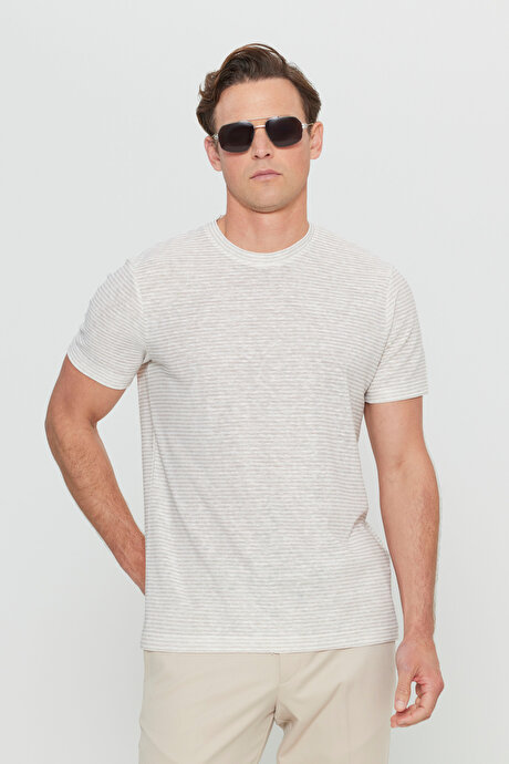 Pamuklu Slim Fit Dar Kesim Bisiklet Yaka Çizgili Beyaz-Bej Tişört resmi