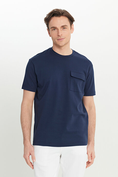 %100 Pamuk Modern Fit Bisiklet Yaka Basic Lacivert Tişört resmi