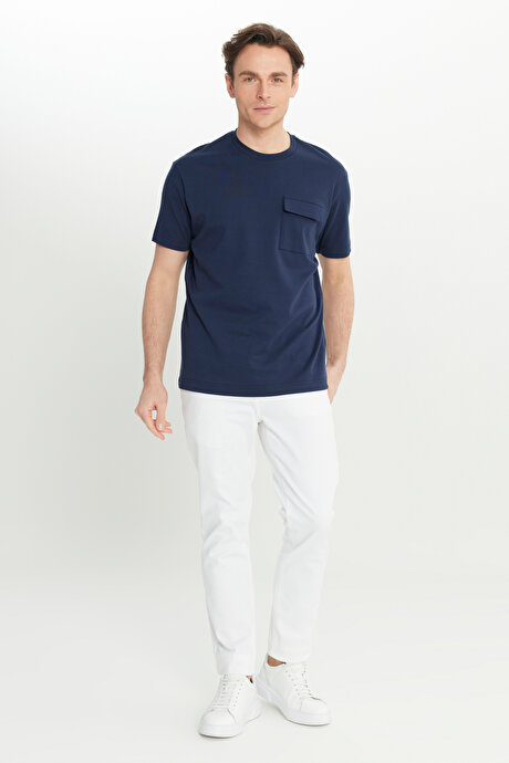 %100 Pamuk Modern Fit Bisiklet Yaka Basic Lacivert Tişört resmi