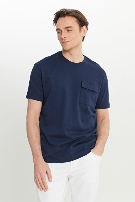 %100 Pamuk Modern Fit Bisiklet Yaka Basic Lacivert Tişört resmi