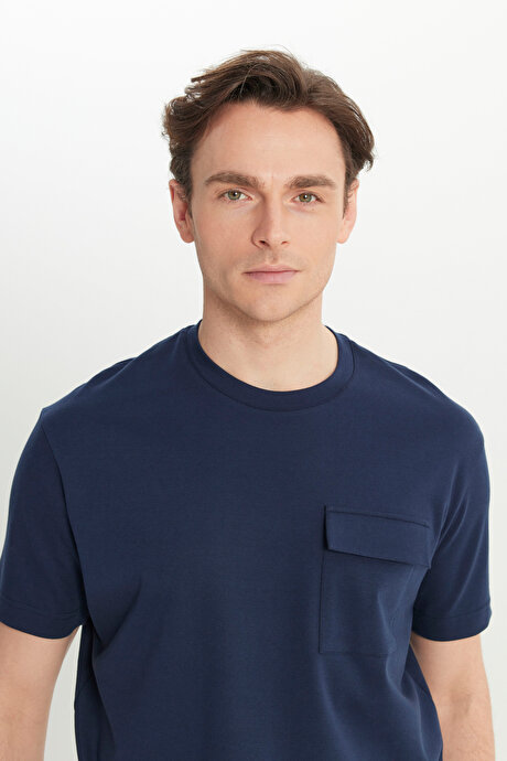 %100 Pamuk Modern Fit Bisiklet Yaka Basic Lacivert Tişört resmi