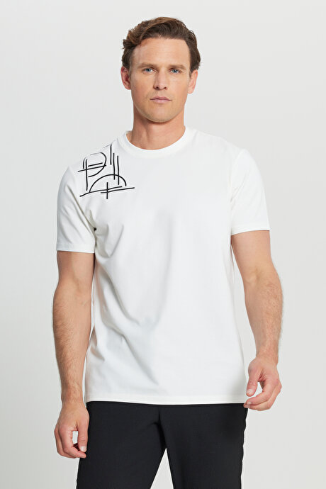 Pamuklu Slim Fit Dar Kesim Bisiklet Yaka Baskılı Esnek Ekru Tişört resmi